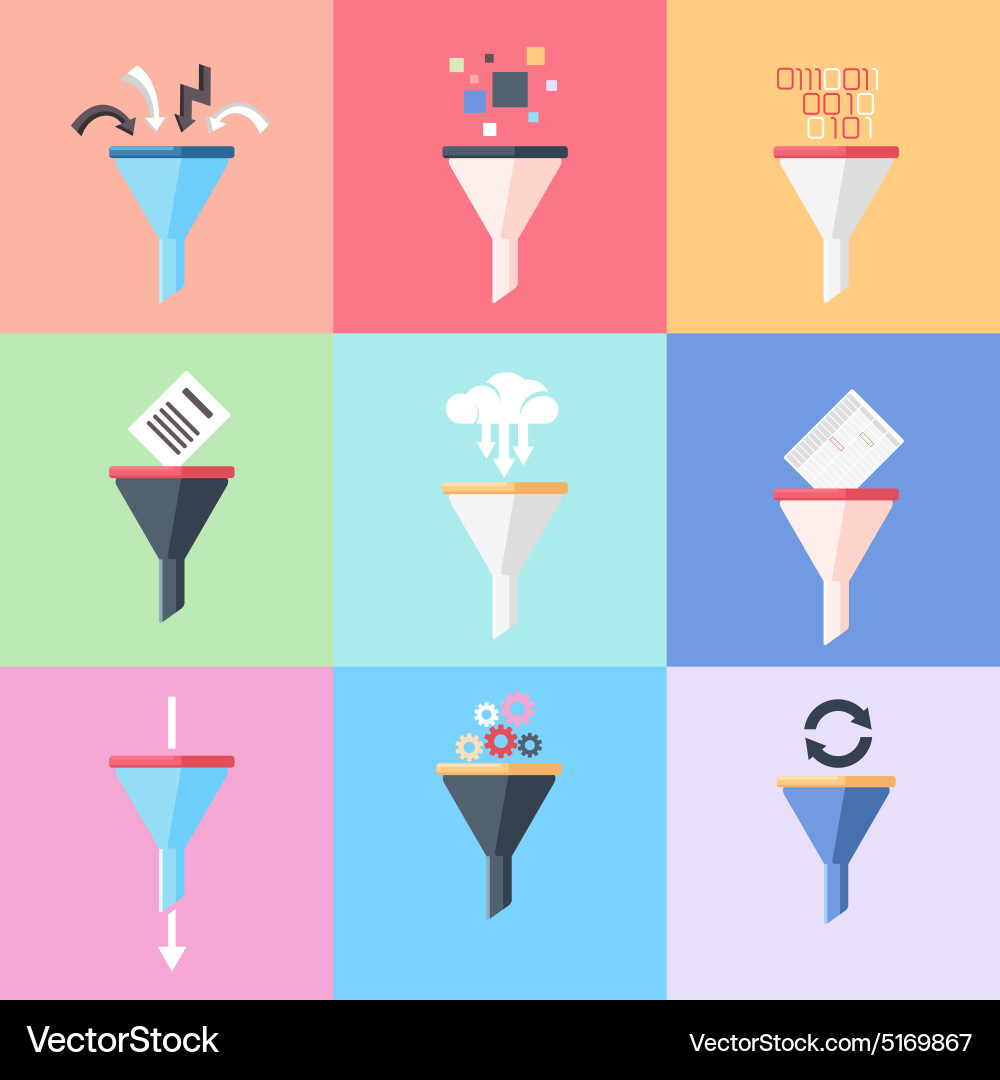 Flat data filter or tunnel icons set Vector Image