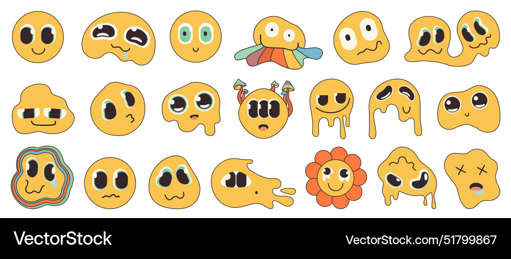 Groovy psychedelic emoji with distorted faces set Vector Image