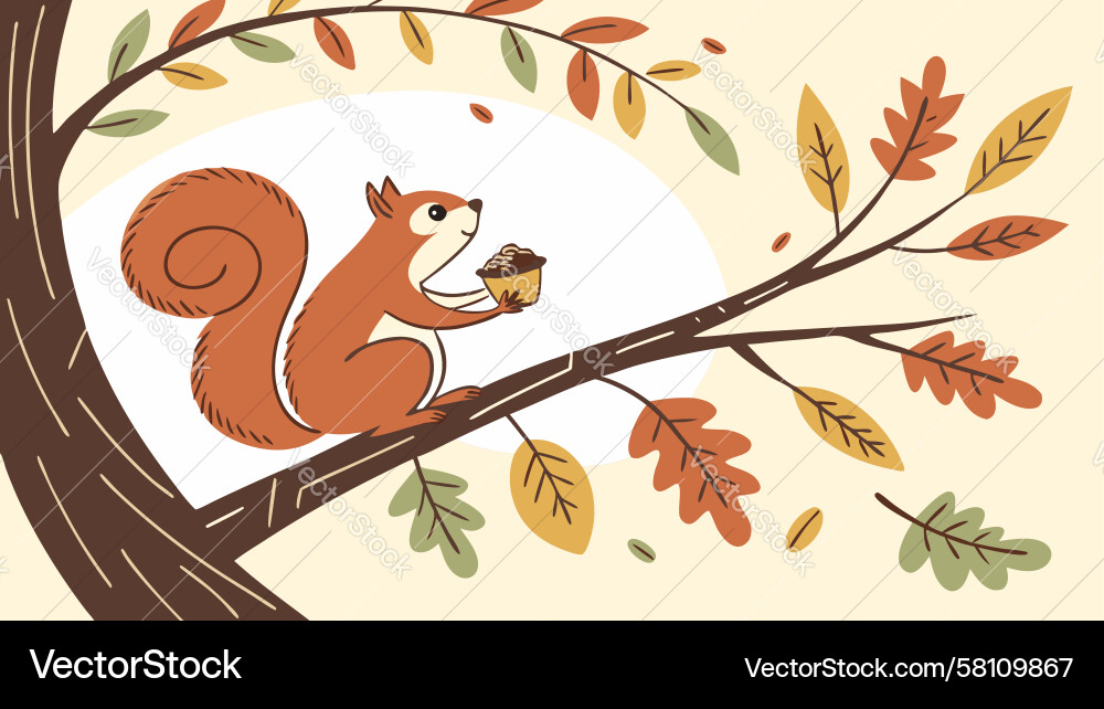 Red Squirrel with Acorn on Branch Vector Image