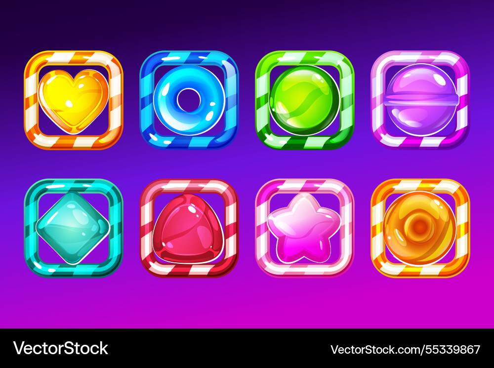 Set of candy app icons game ui square buttons Set of candy app icons game ui square buttons vector image