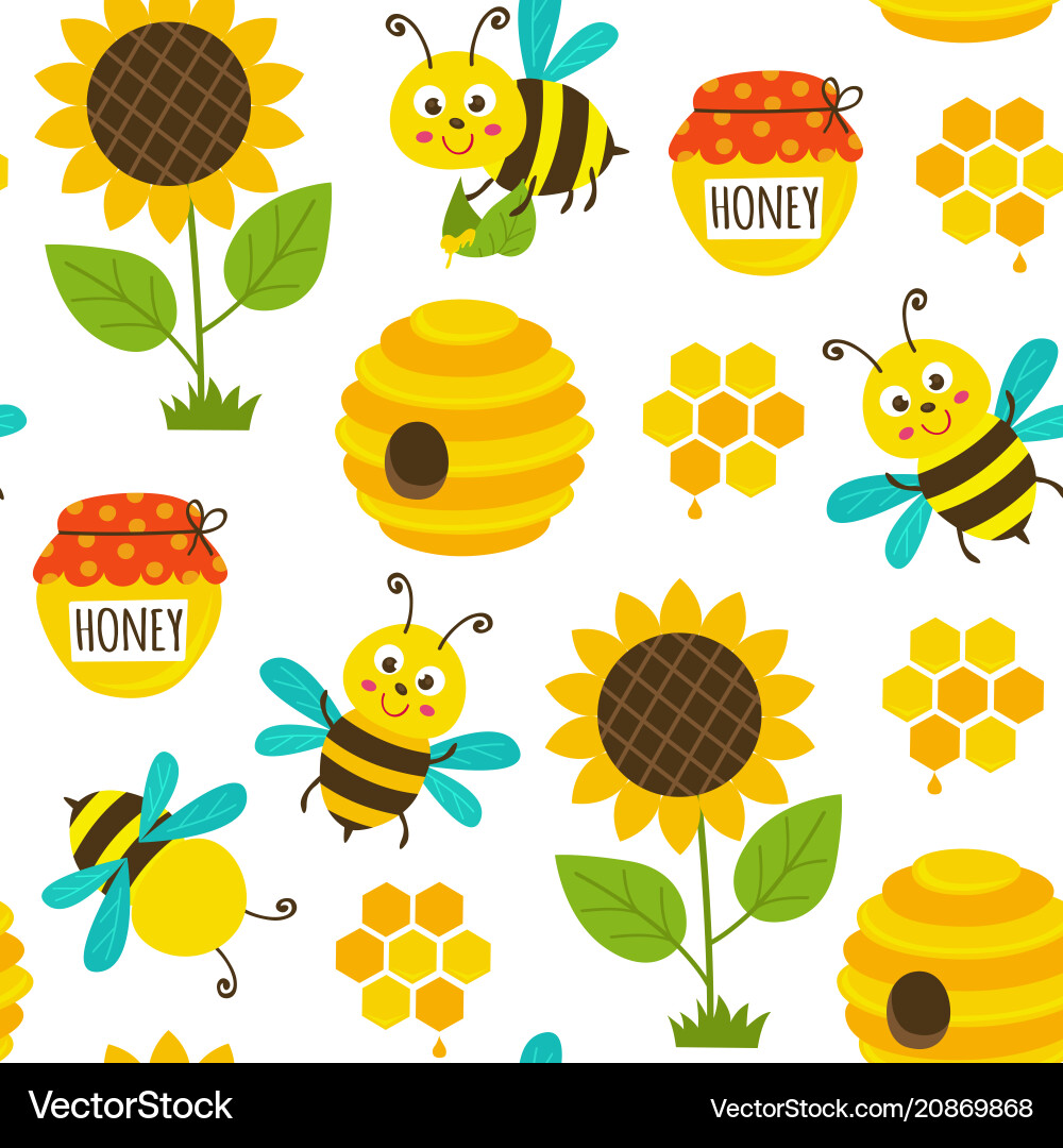 Cute Bee Pattern - Honeycomb & Flowers vector image