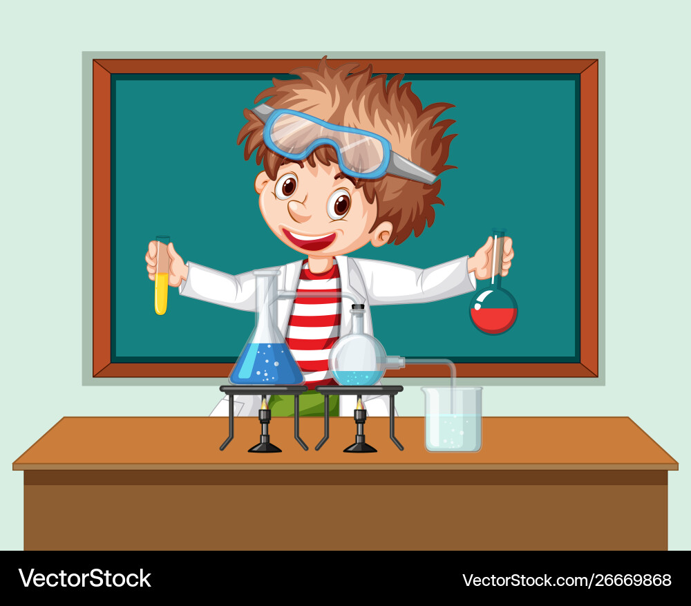Student in science classroom working with tools Student in science classroom working with tools Vector Image