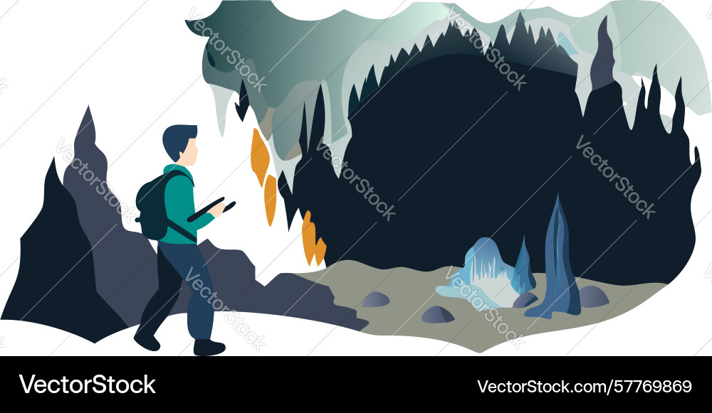Explorers with lights navigating a vast cave Vector Image