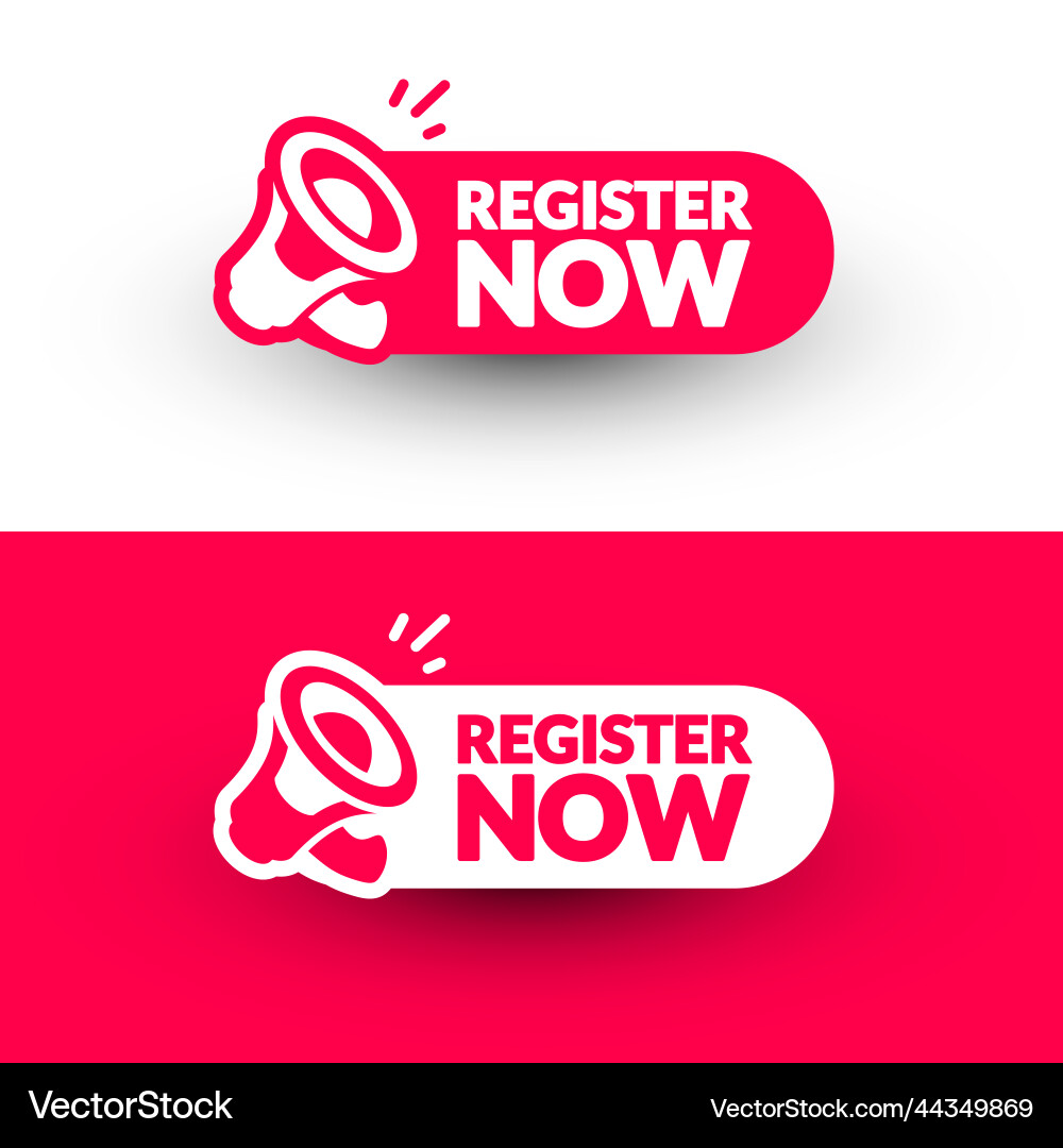 Label with megaphone and text register now Label with megaphone and text register now vector image
