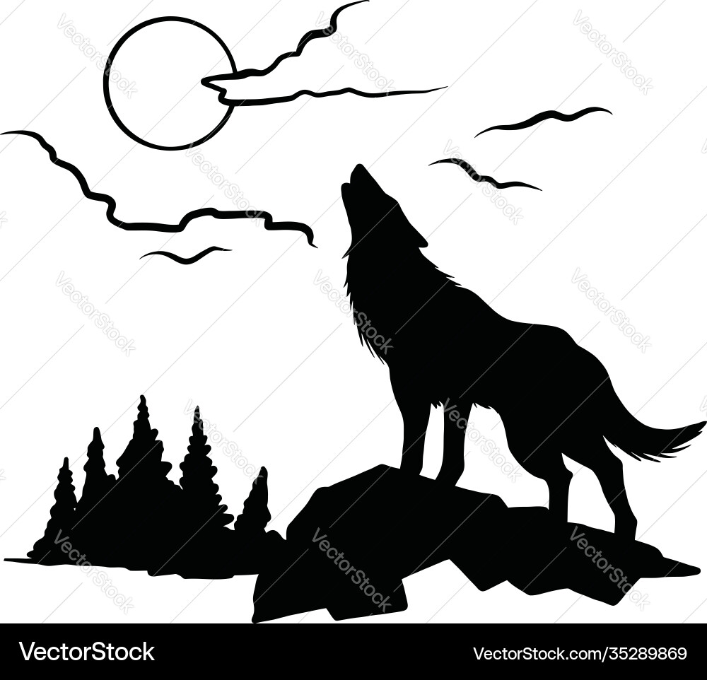 Wolf howls at moon - forest landscape Vector Image