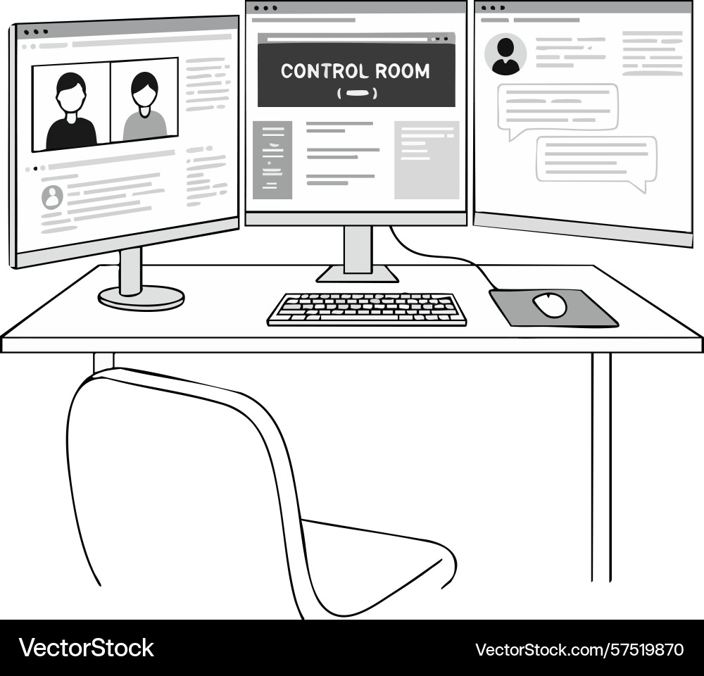 Computer workstation with three monitors showing vector image