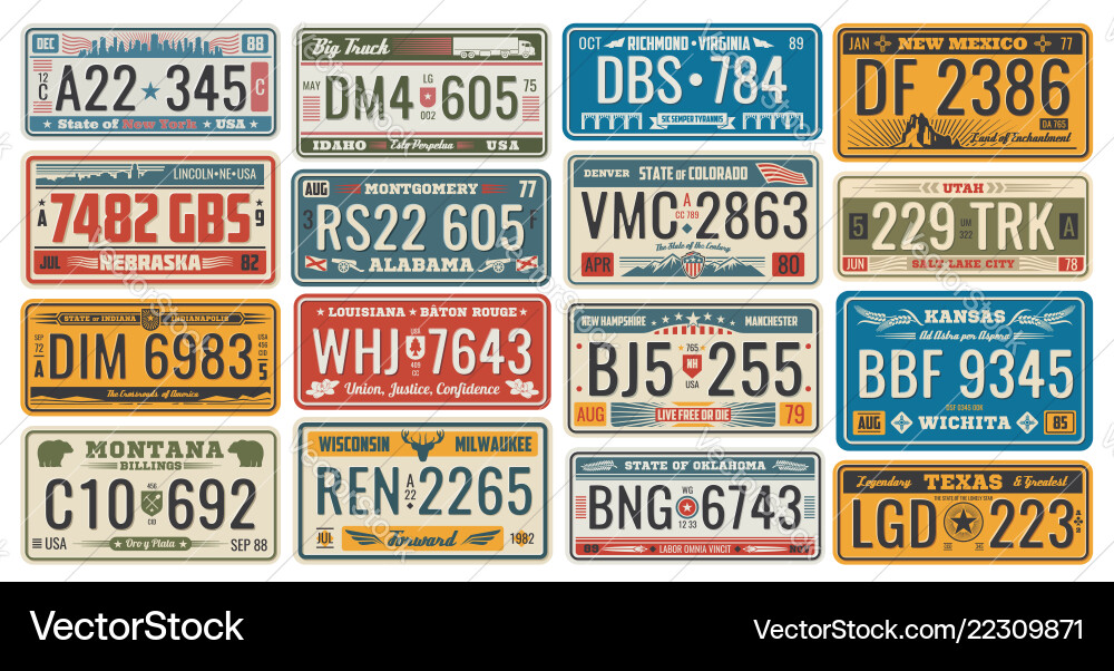 Retro Car License Plates - USA States Vector Image