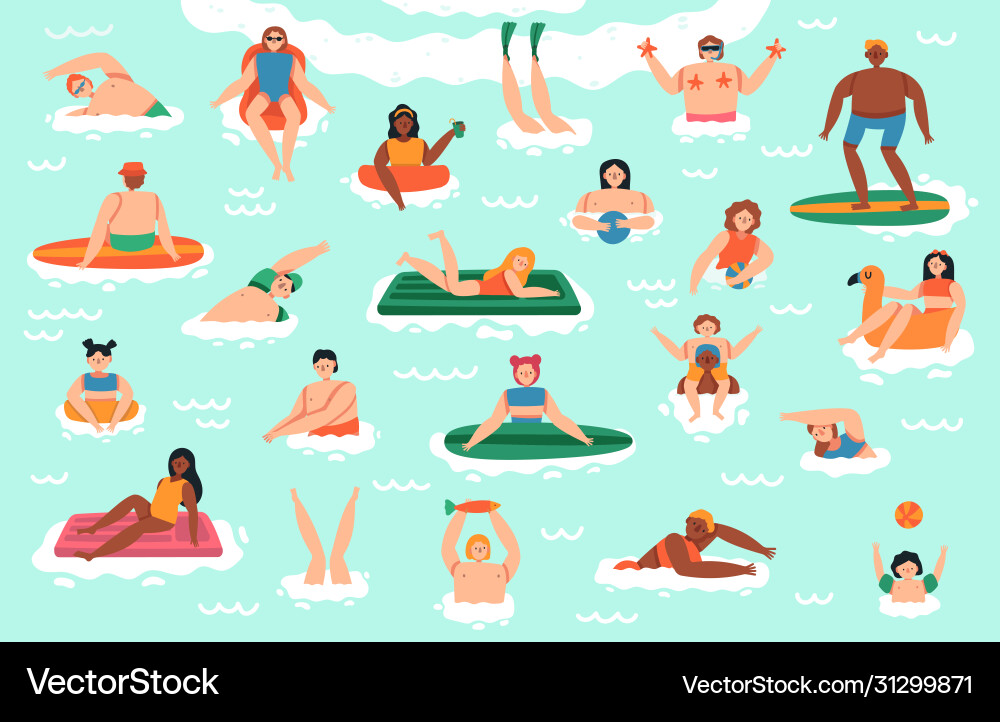 Sea swim characters people ocean swimming diving Sea swim characters people ocean swimming diving vector image