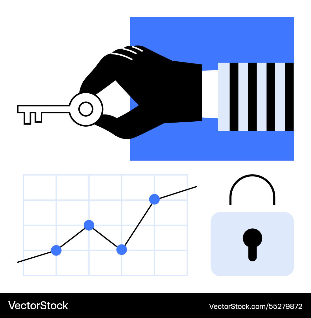 Hand holding key above data graph and lock Hand holding key above data graph and lock vector image