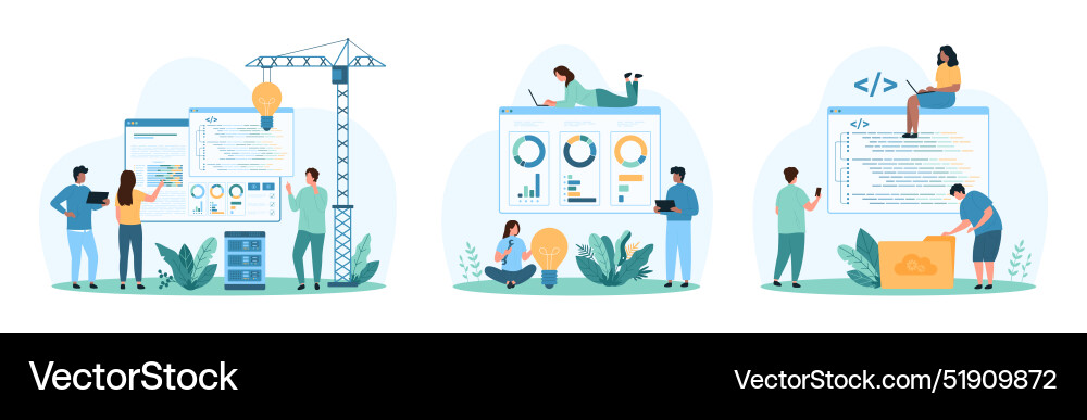 Software development and coding set tiny people Software development and coding set tiny people vector image
