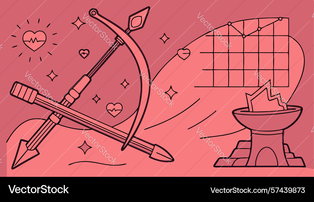 Cupids creation bow and arrow with flaming heart vector image