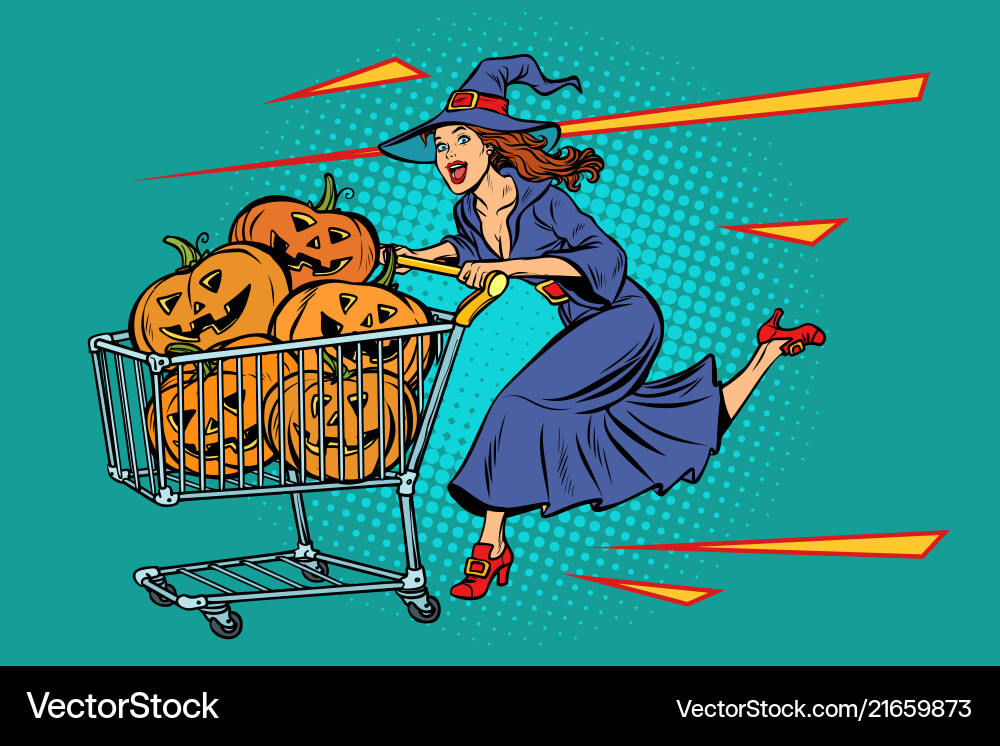 Halloween Hexe Kürbisse Einkaufswagen Halloween Hexe Kürbisse Einkaufswagen vektorbild