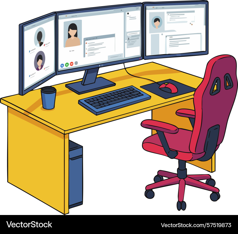 Modern workspace setup with triple computer Modern workspace setup with triple computer vector image