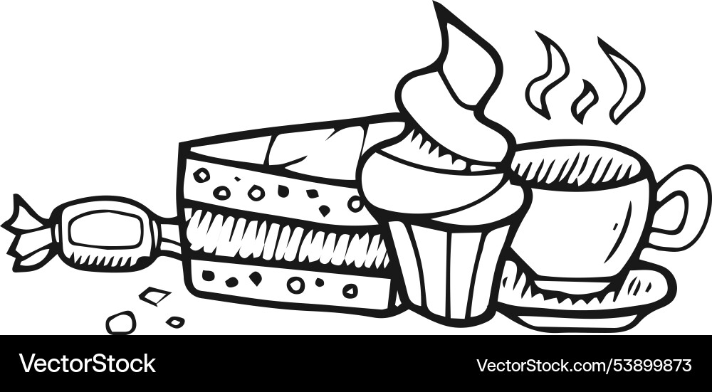 Tee und Süßigkeiten Doodle Café Gebäck heiße Tasse Tee und Süßigkeiten Doodle Café Gebäck heiße Tasse vektorbild