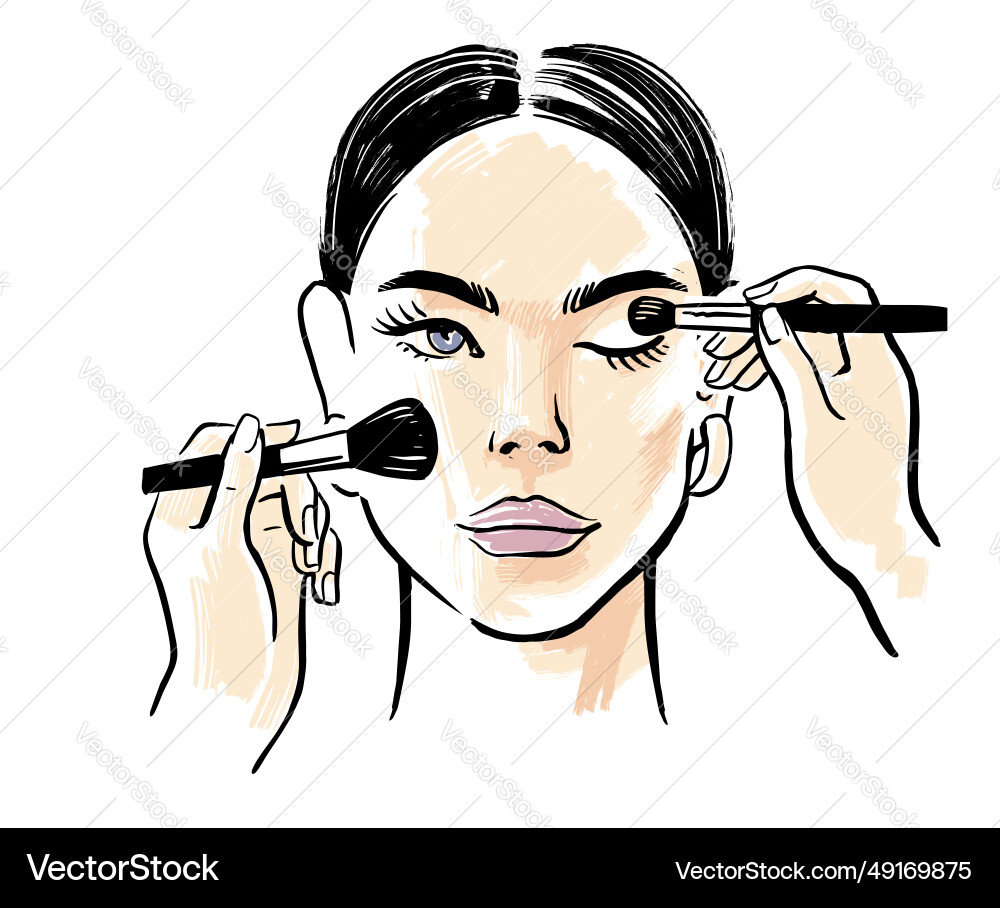Girl model face makeup drawing with cosmetic brush Girl model face makeup drawing with cosmetic brush vector image