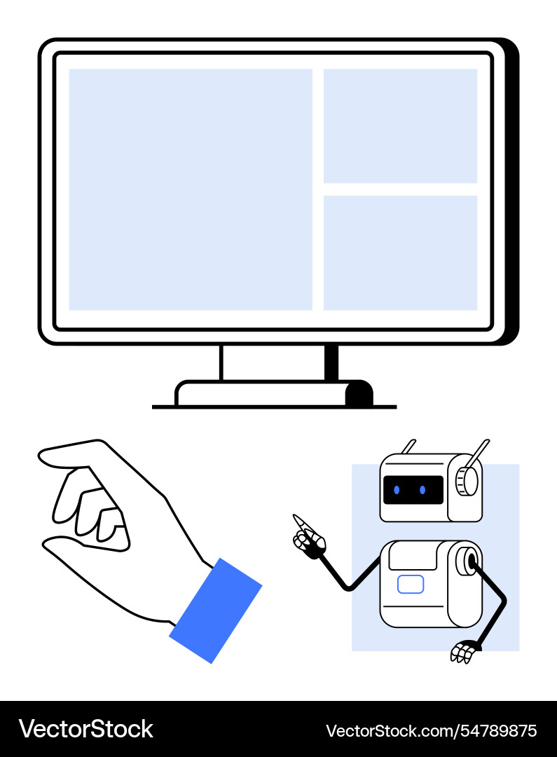 Hand pointing to a computer screen with robot Hand pointing to a computer screen with robot vector image