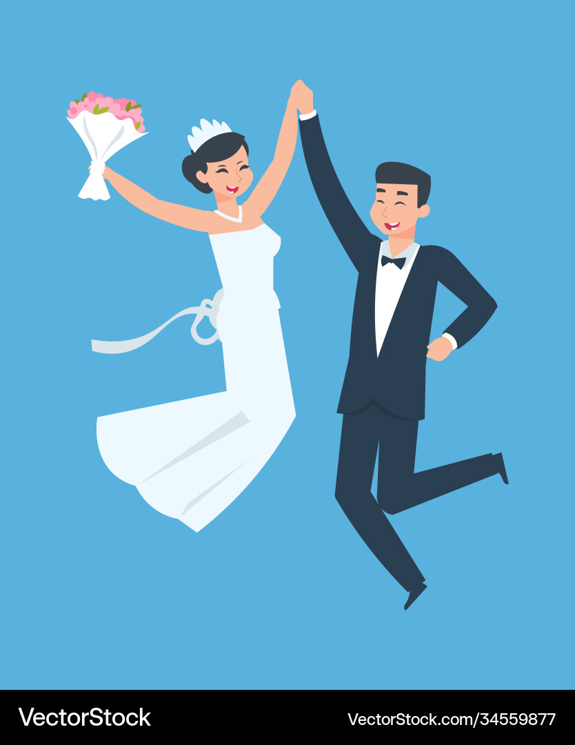 Happy groom and bride cheerful young wife Happy groom and bride cheerful young wife vector image