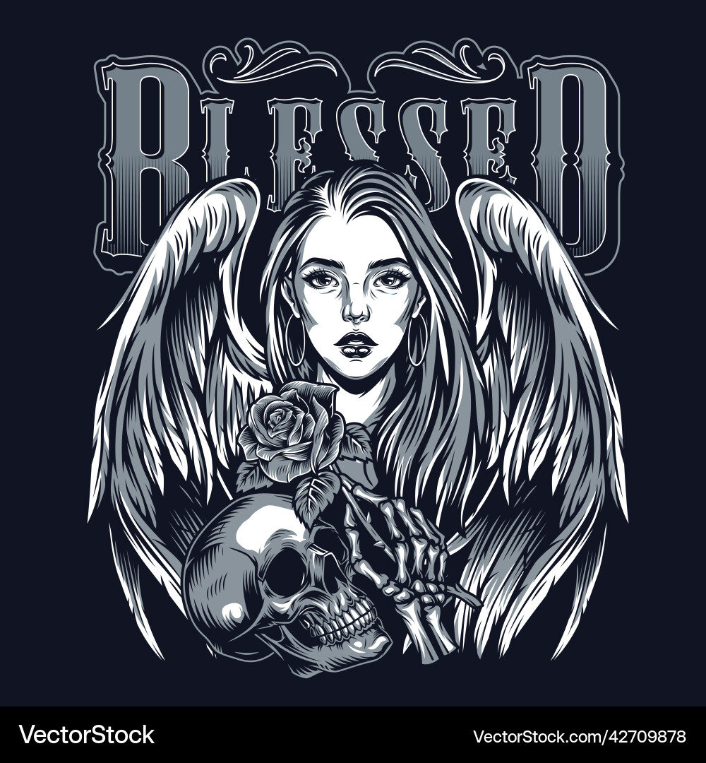 Chicano Angel Skull Rose Tattoo Vector Image