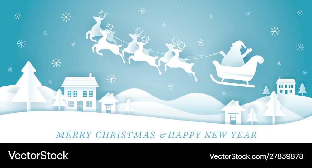 Santa claus riding sleigh over village or town Santa claus riding sleigh over village or town vector image