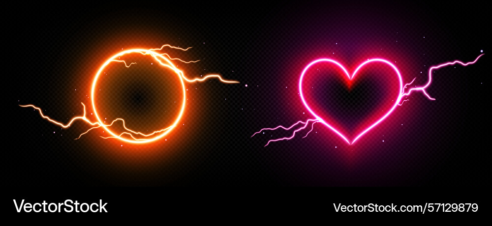 Lightning neon frames round and heart borders vector image