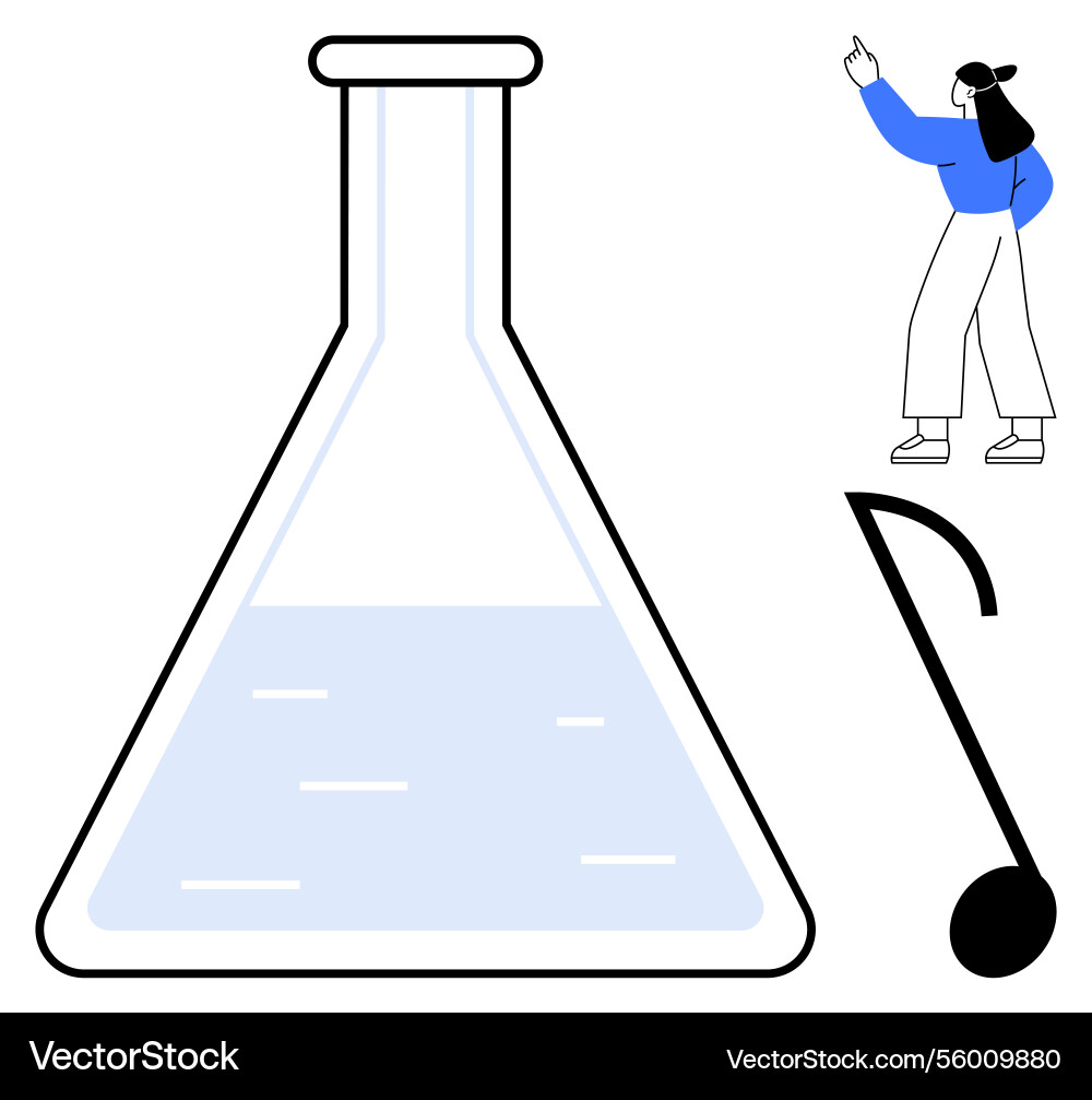 Scientist pointing at flask filled with liquid Vector Image