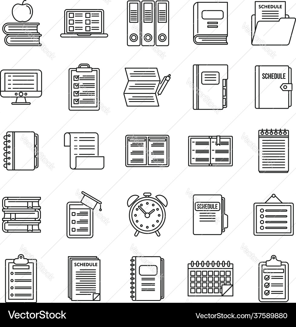 Syllabus week icons set outline style Syllabus week icons set outline style Vector Image