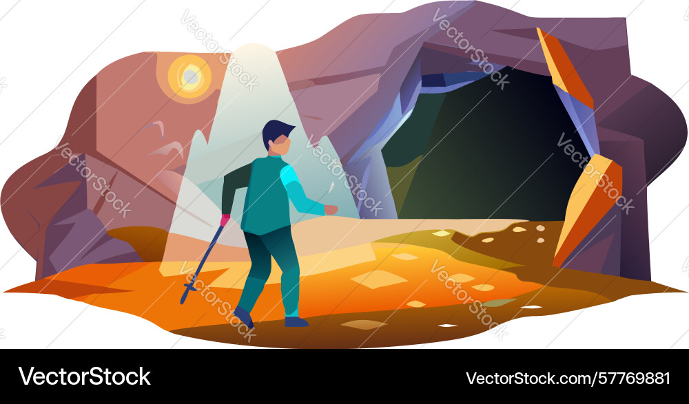 Adventurer with torch exploring gold in cave Vector Image