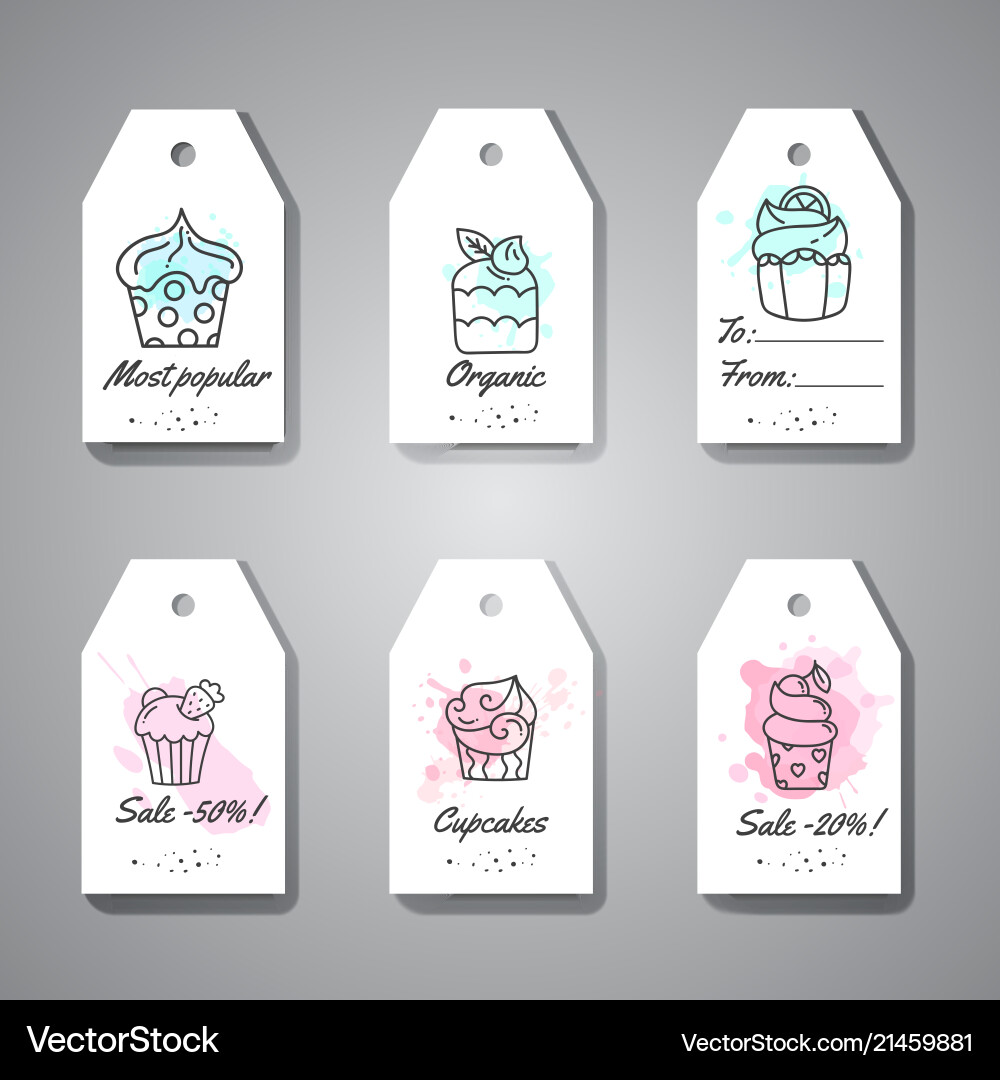 Cupcake gift tags with handdrawn cupcakes and pink Cupcake gift tags with handdrawn cupcakes and pink vector image