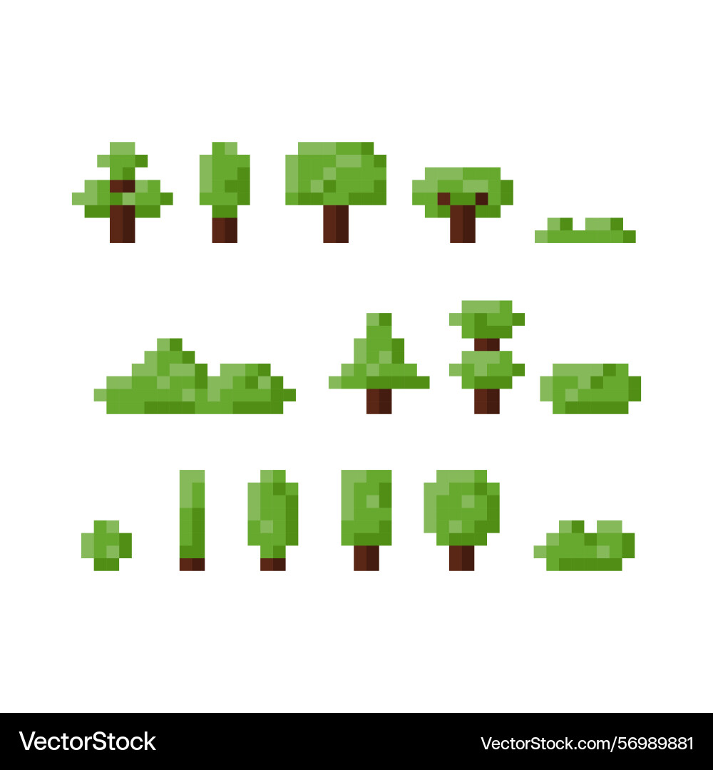 Set of tree and shrub icon pixel 8 bit style Set of tree and shrub icon pixel 8 bit style Vector Image