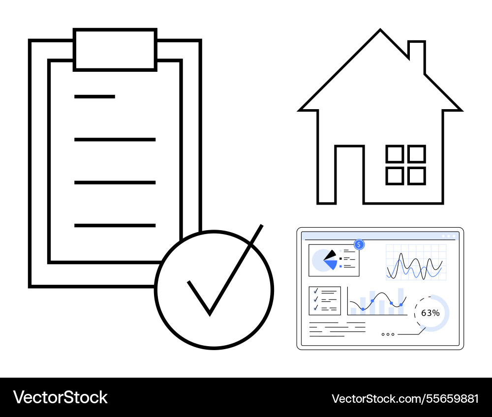Task checklist with analytics dashboard and house Task checklist with analytics dashboard and house vector image