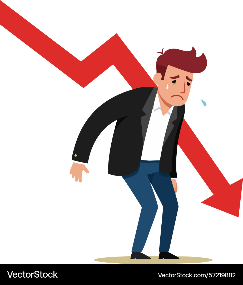 Businessman with declining red arrow graph vector image