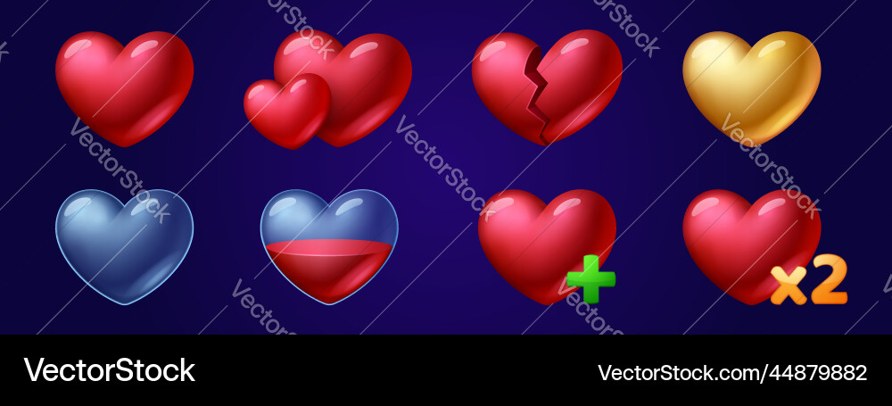 Set of heart game icons fill progress score level Set of heart game icons fill progress score level vector image