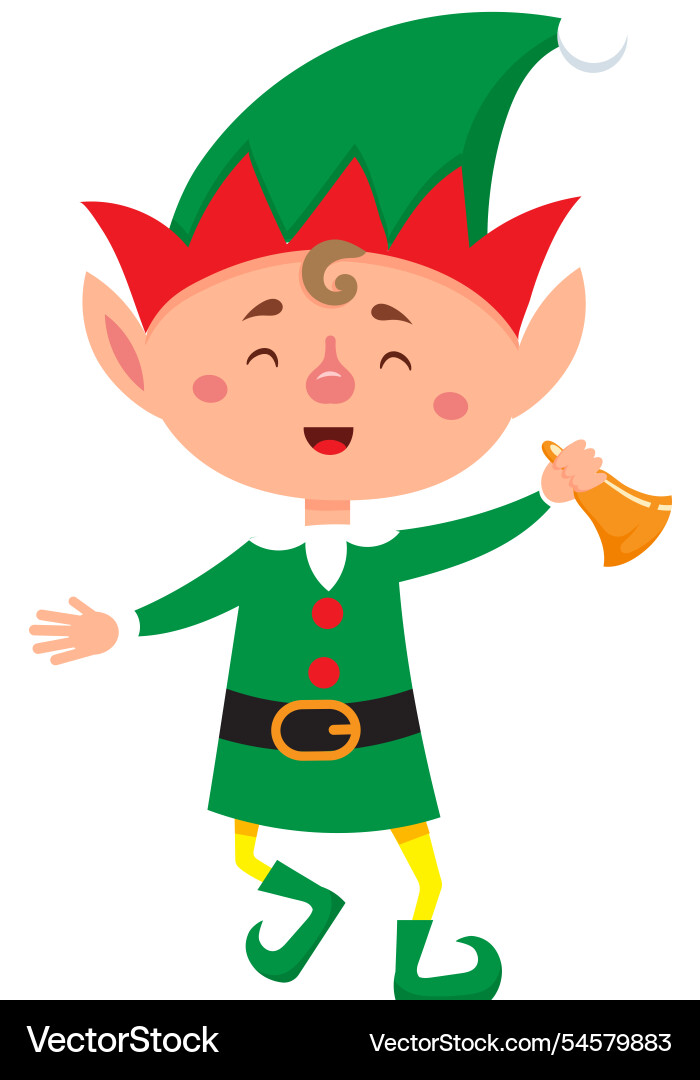 Cartoon christmas elf joyfully ringing a golden Cartoon christmas elf joyfully ringing a golden vector image