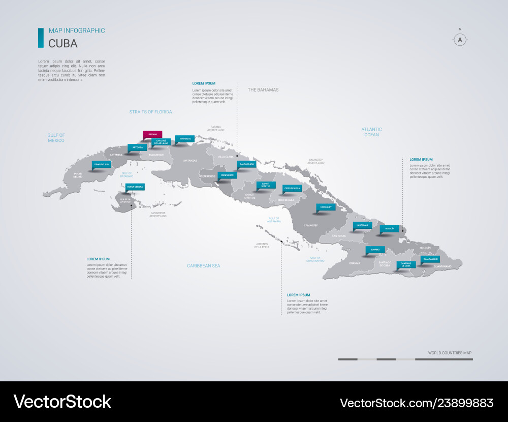 Cuba map with infographic elements pointer marks Cuba map with infographic elements pointer marks vector image