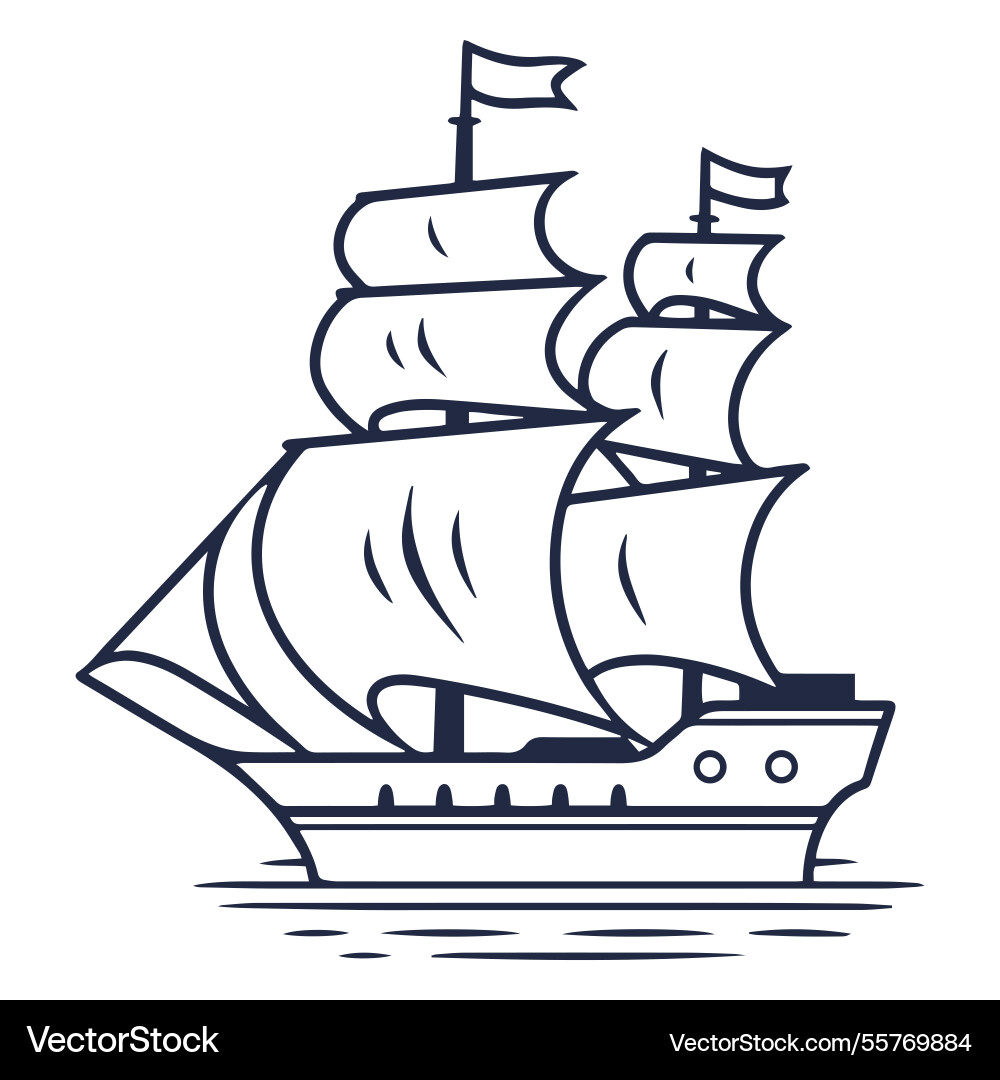Sailing ship with multiple sails on calm water Sailing ship with multiple sails on calm water vector image