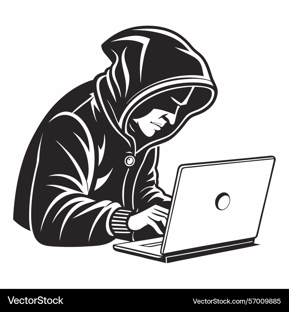 Anonymous hacker working on laptop computer Anonymous hacker working on laptop computer Vector Image