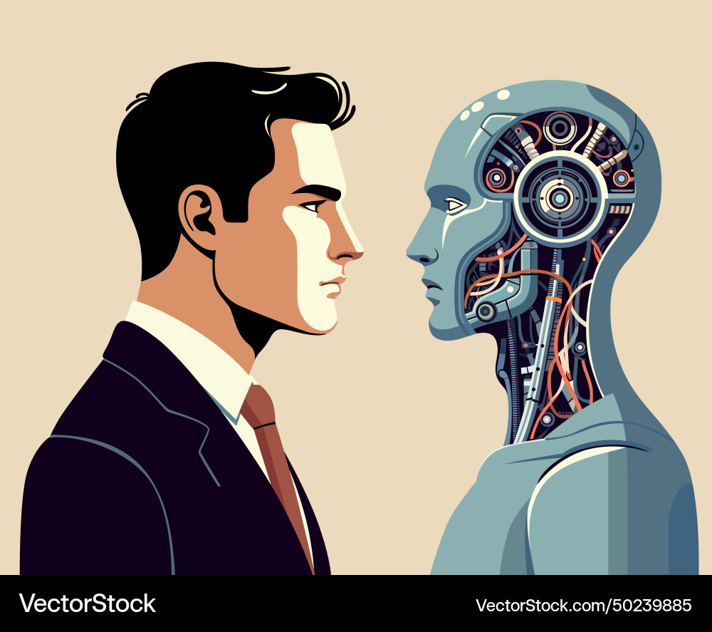 Man vs. Machine: Android Confrontation Vector Image