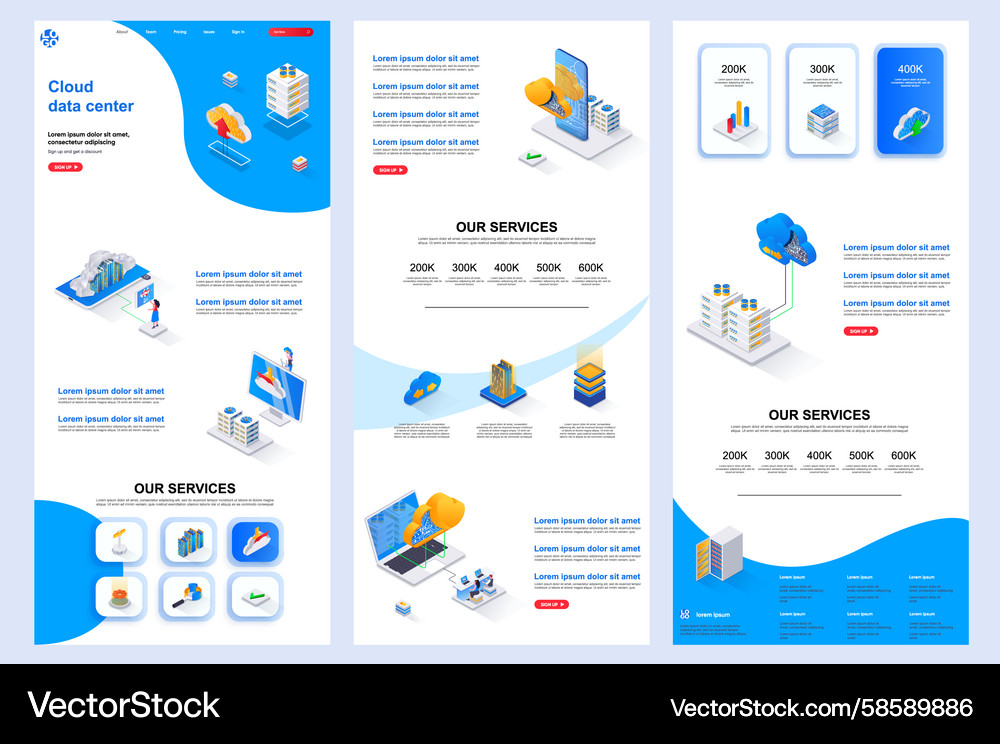 Cloud data center isometric landing page database Cloud data center isometric landing page database Vector Image
