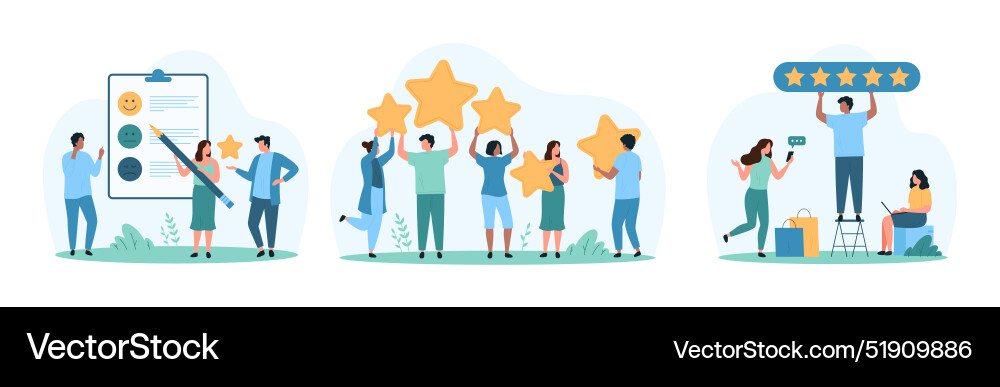 Customer feedback set tiny people hold five stars Vector Image