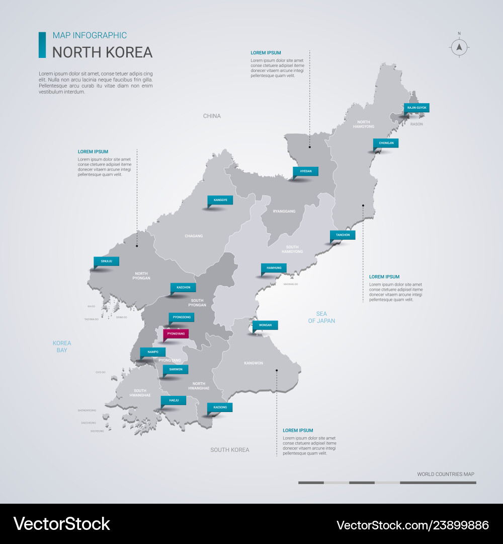 North korea map with infographic elements pointer vector image