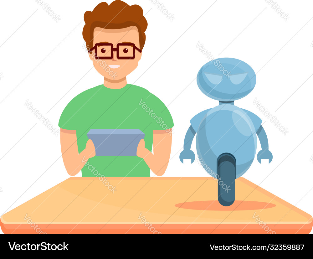 Boy create programming robot icon cartoon style Boy create programming robot icon cartoon style vector image