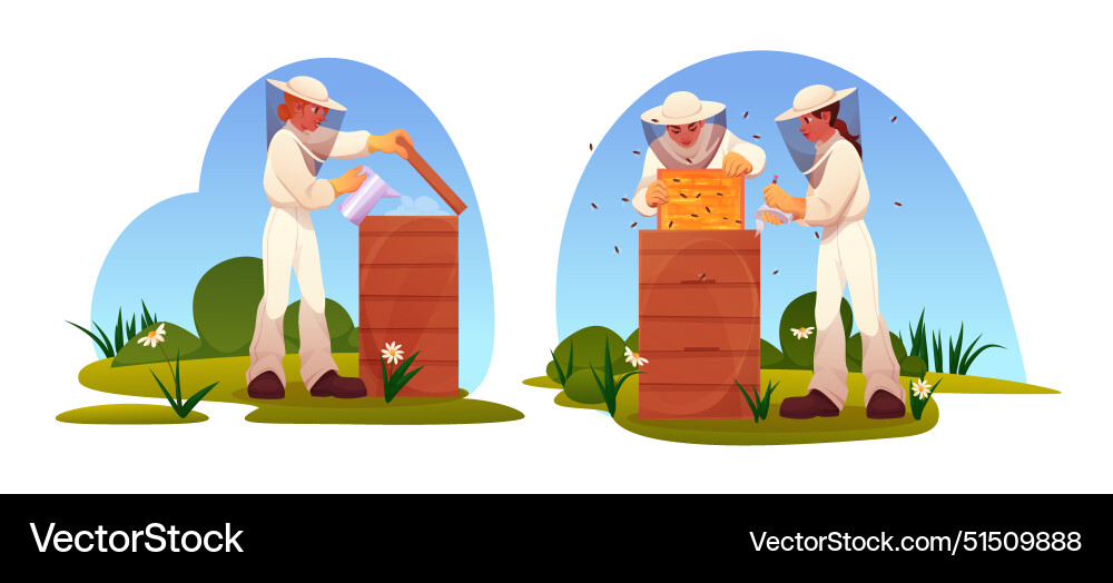 Beekeeper with beehive boxes apiarist in uniform Beekeeper with beehive boxes apiarist in uniform vector image