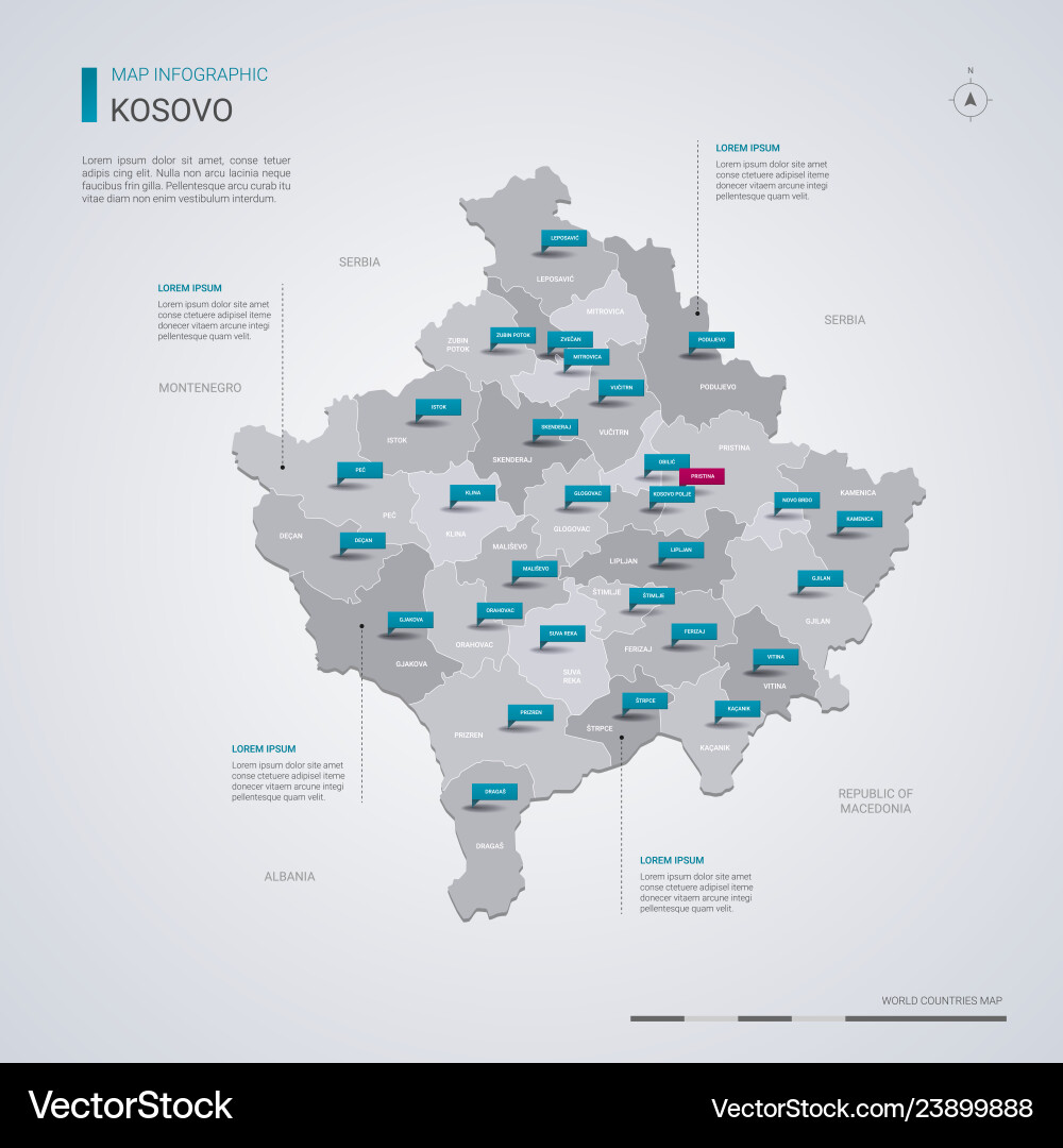 Kosovo map with infographic elements pointer marks Kosovo map with infographic elements pointer marks vector image