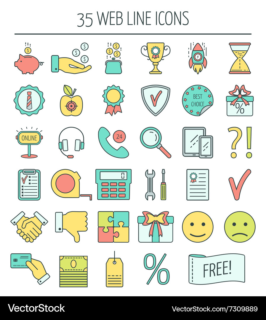 35 linear web icons color moder line Vector Image