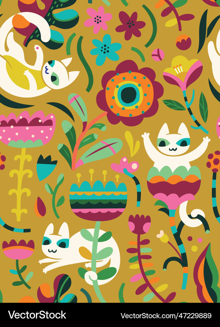 Decorative floral pattern with cute white cats Decorative floral pattern with cute white cats vector image