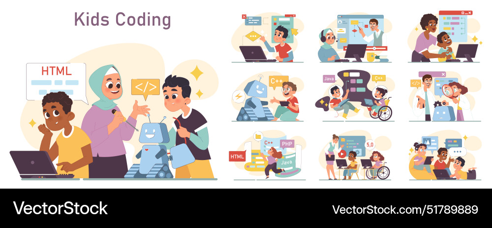 Diverse children programming set computer science Diverse children programming set computer science vector image
