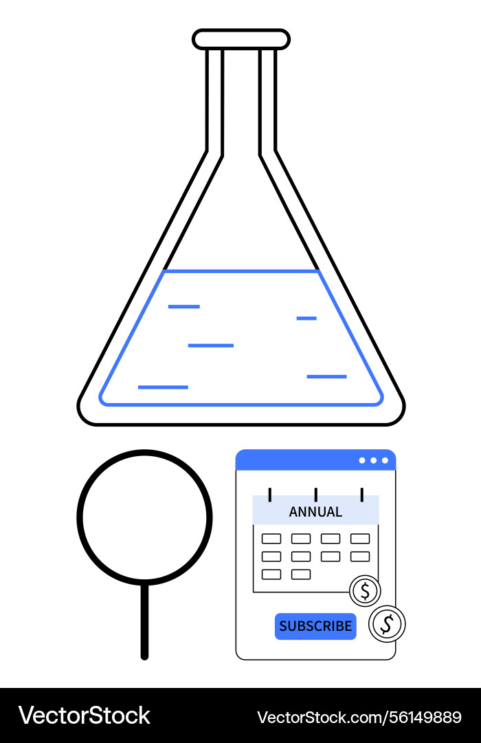 Lab flask magnifying glass and subscription Lab flask magnifying glass and subscription vector image