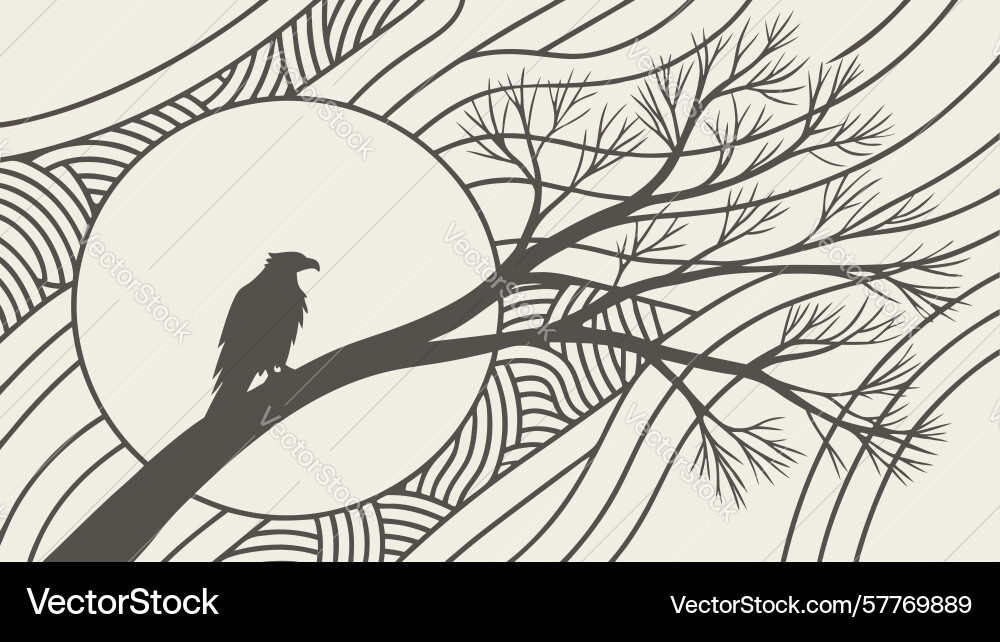 Raven on branch against moonsun design generative Vector Image