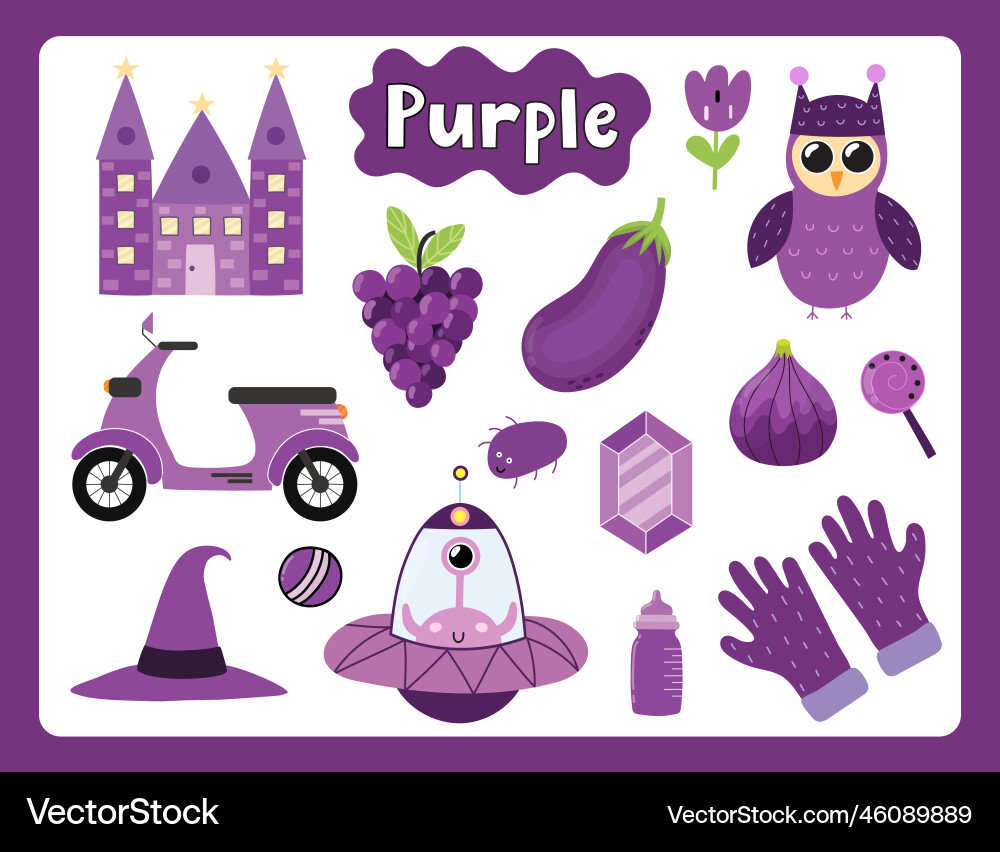 Set of purple color objects primary colors Set of purple color objects primary colors vector image