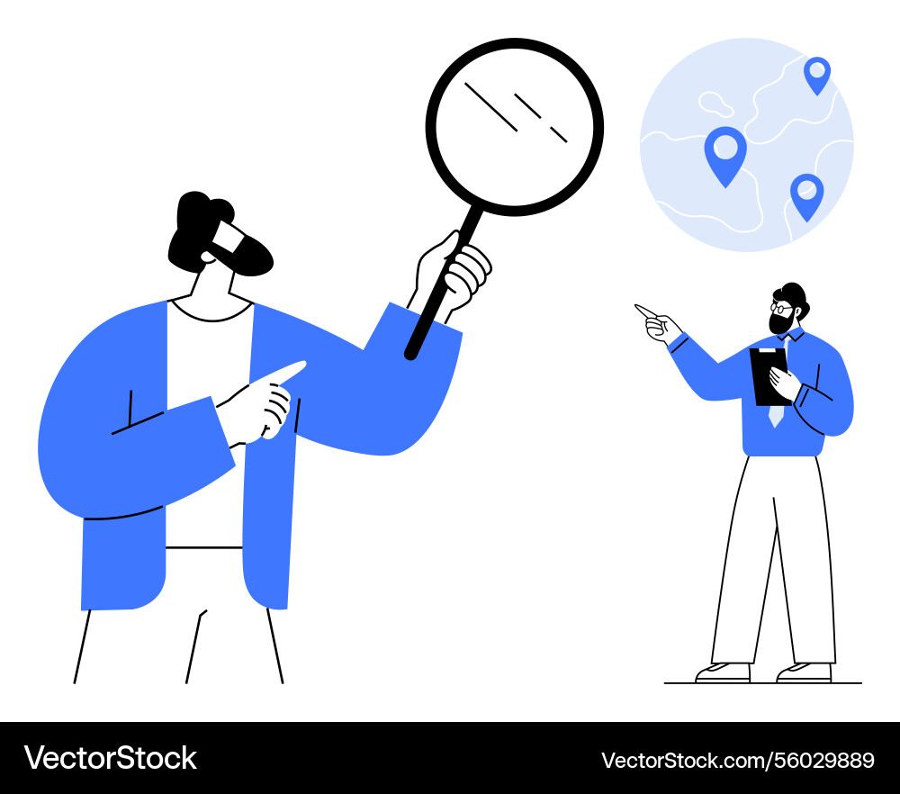 Team analyzing geographic data with magnifying Team analyzing geographic data with magnifying vector image